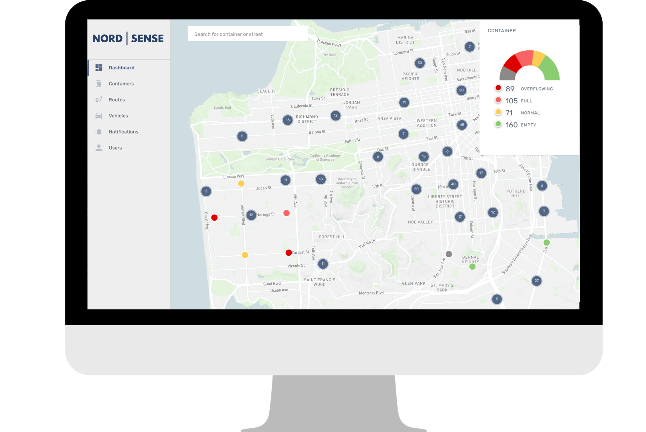 The Nordsense Smart Waste Management Platform provides a digitized overview of bins and fill levels.